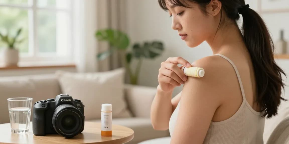 Check it out for relief with CBD Pain Roller Stick used for soothing muscle tension in a serene home setting.