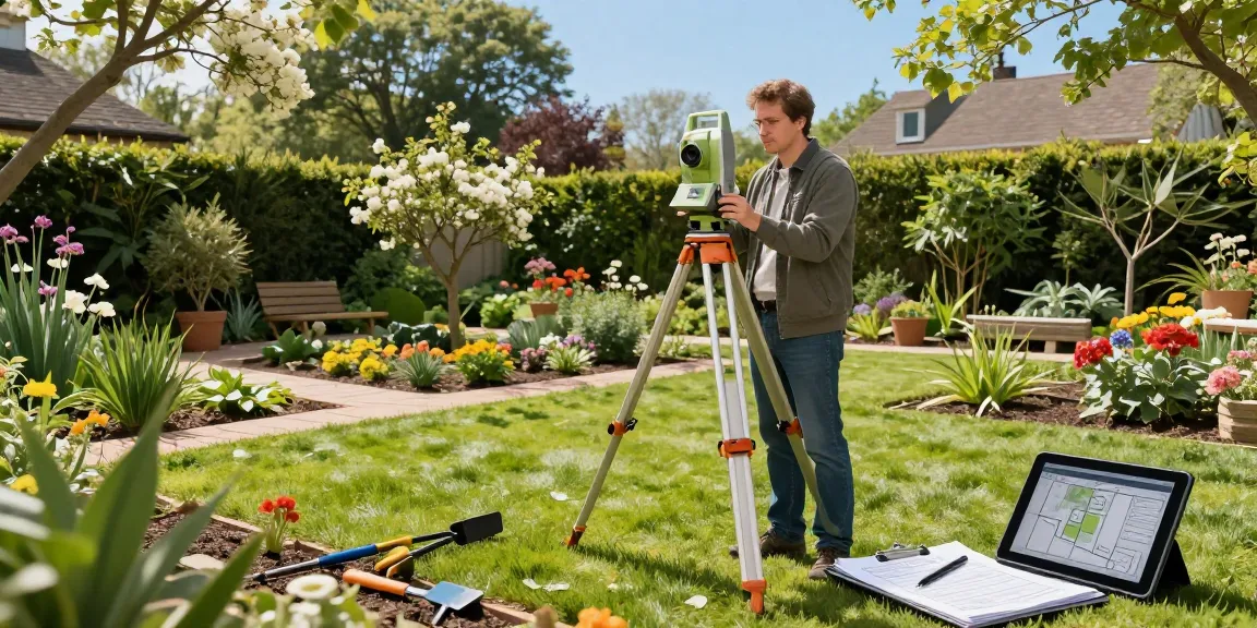Professional garden land survey in a vibrant residential garden, featuring lush plants and surveying equipment.