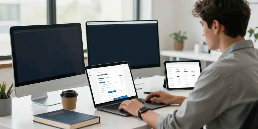 Domain registration UK options analyzed by a developer at a modern workspace.