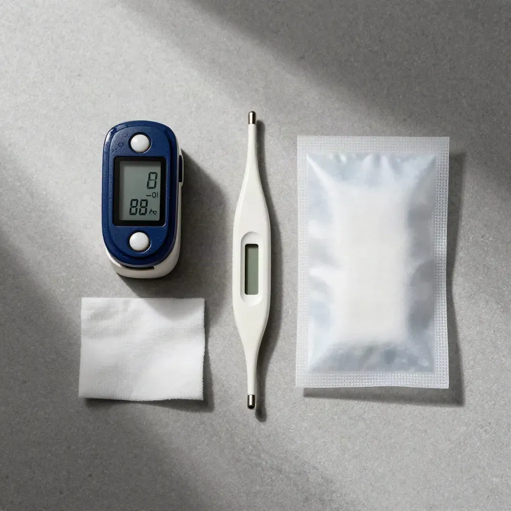 Overhead flatlay of a thermometer, pulse oximeter, tissue, and cold pack on stone