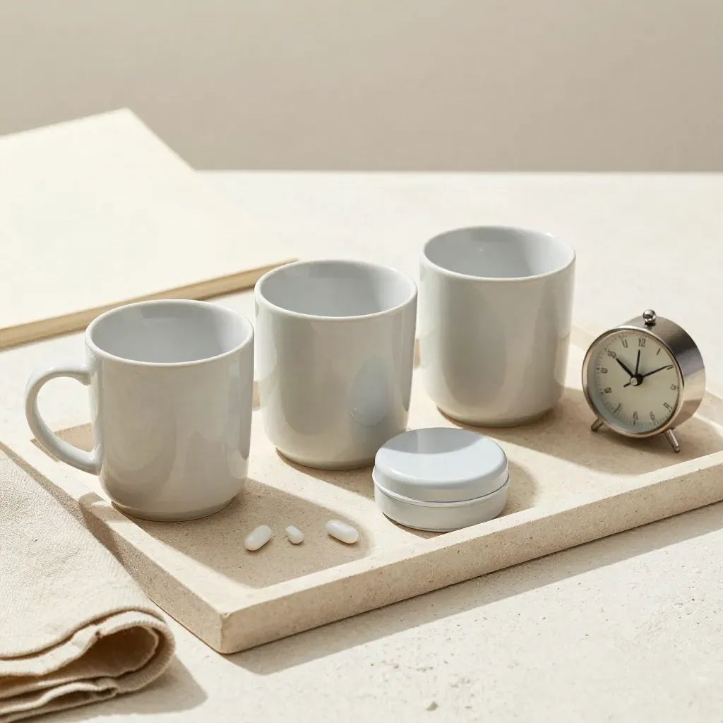 Ceramic medicine cups, pill organiser and clock on a stone tray with linen in soft daylight.