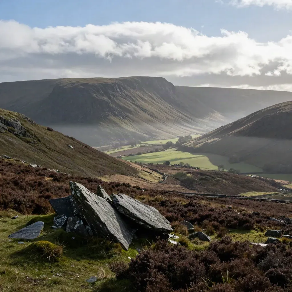 Slate ridges above misty Lake District moorland with open valley space